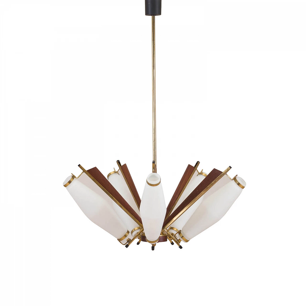 Chandelier in brass, teak and opaline glass attributable to Stilux Milano, 50s 1269515