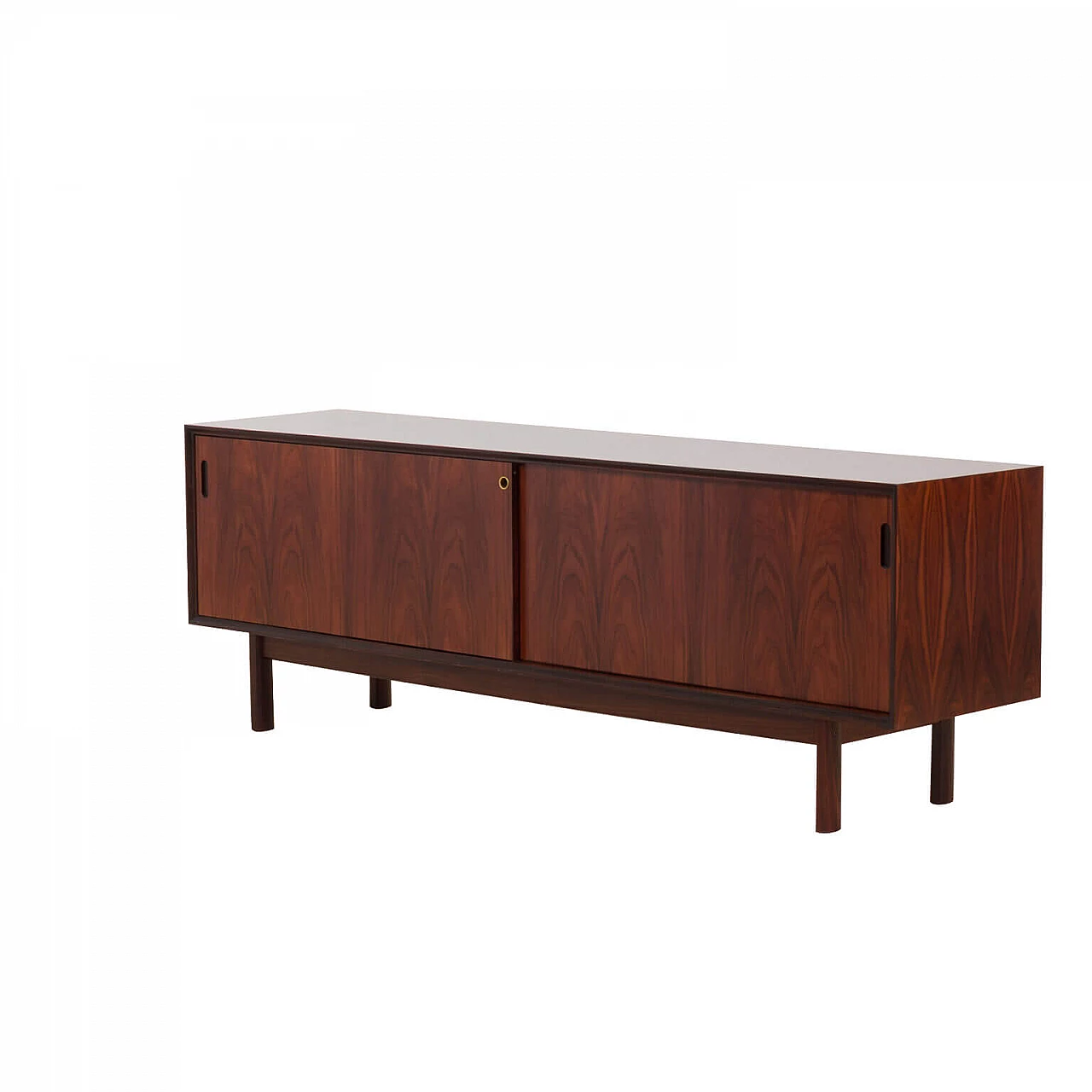 Credenza con porte scorrevoli in palissandro e ottone, anni '70 1270266