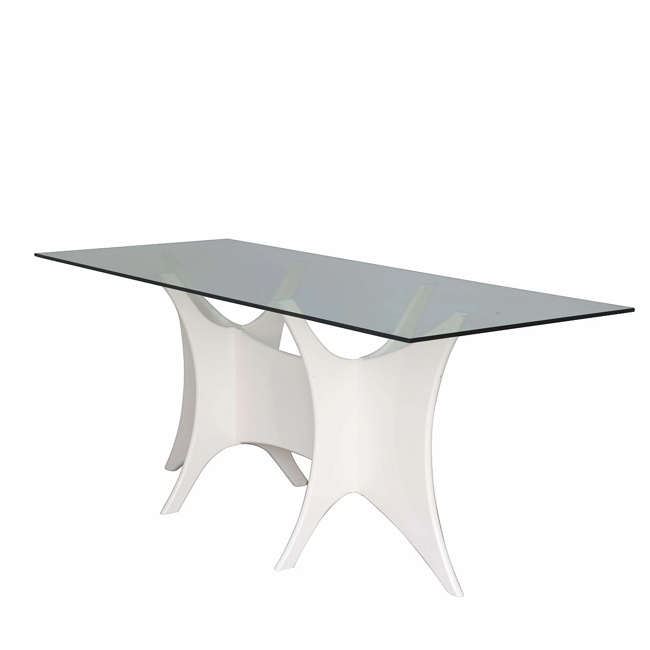 Tavolo con base in legno laccato e top in vetro, anni '70 1270342