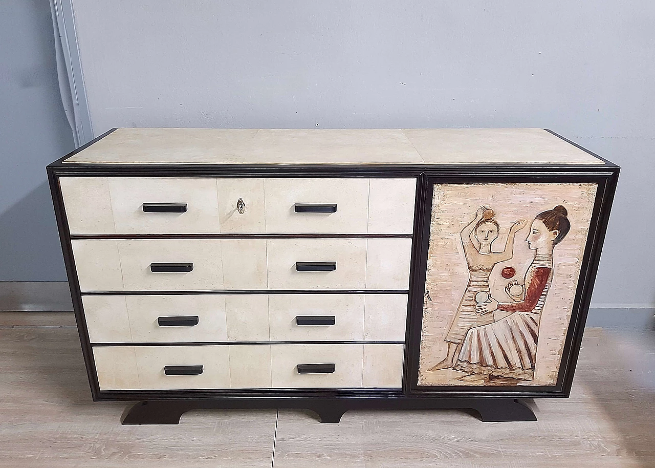 Art Deco chest of drawers in ebonized walnut and parchment with painted panel, 40s 1271565