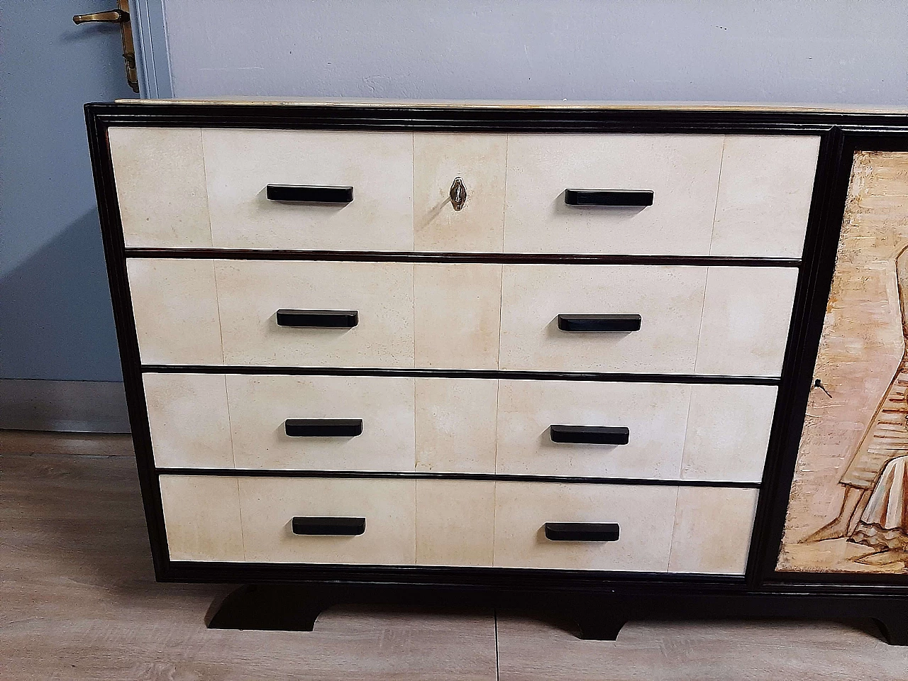 Art Deco chest of drawers in ebonized walnut and parchment with painted panel, 40s 1271569