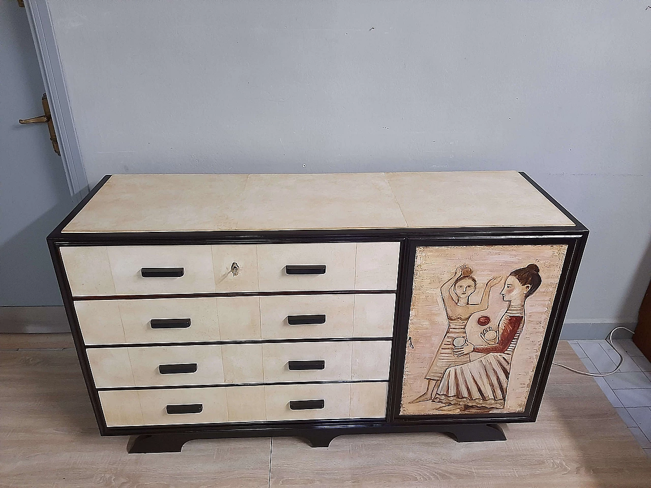 Art Deco chest of drawers in ebonized walnut and parchment with painted panel, 40s 1271570