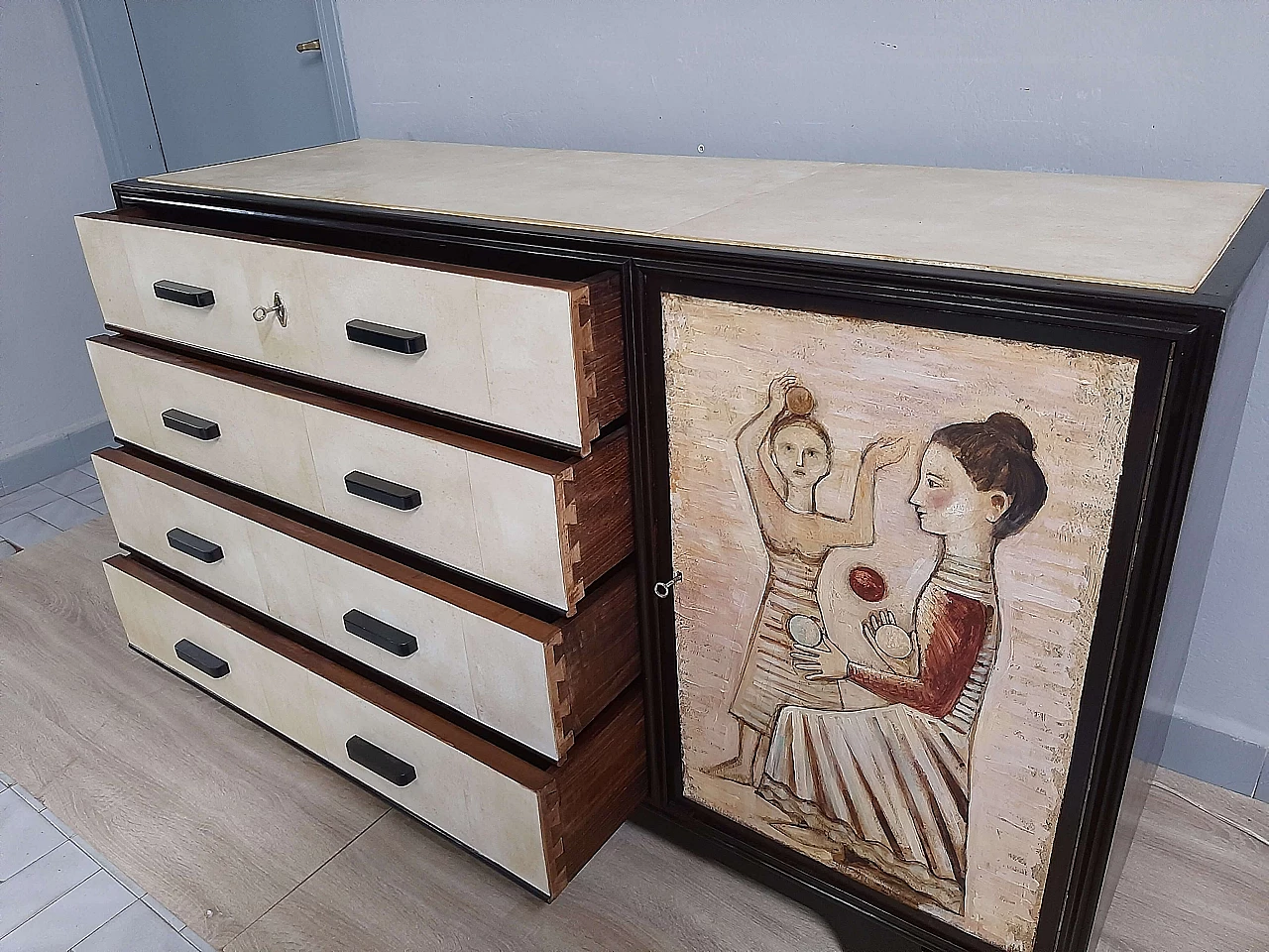 Art Deco chest of drawers in ebonized walnut and parchment with painted panel, 40s 1271571