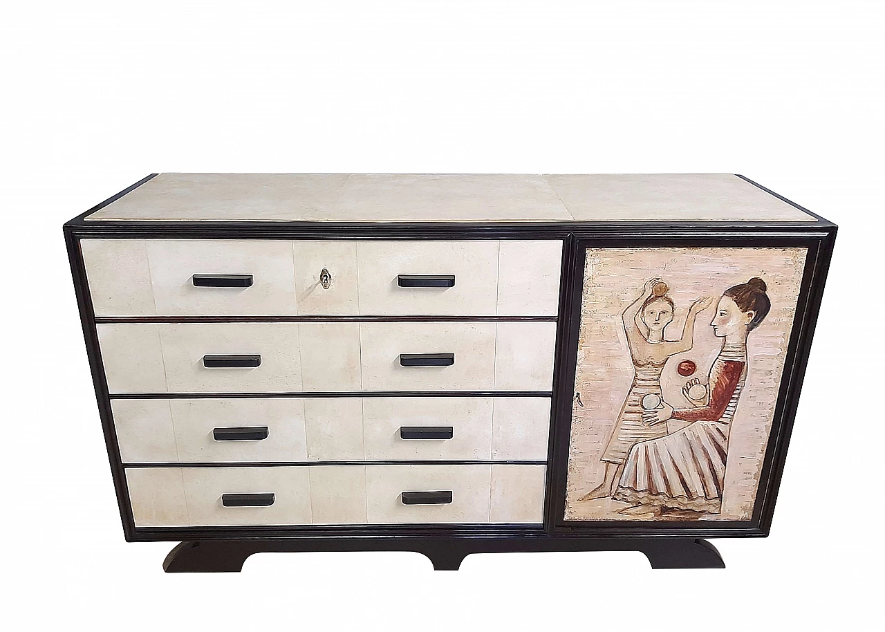 Art Deco chest of drawers in ebonized walnut and parchment with painted panel, 40s 1271574