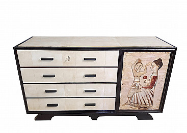 Art Deco chest of drawers in ebonized walnut and parchment with painted panel, 40s