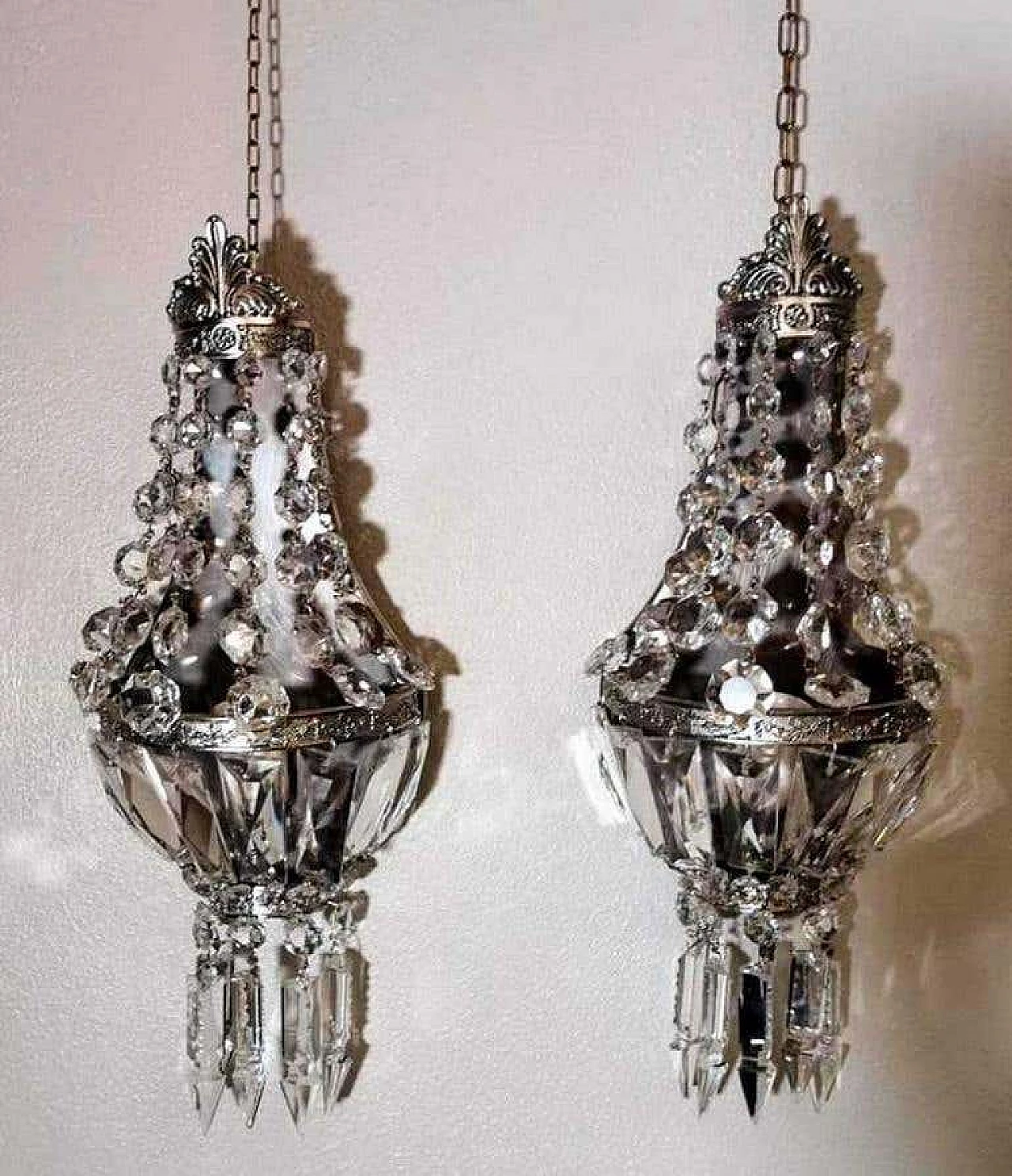 Pair of Louis XVI style balloon wall sconces in silvered brass and crystal, 10s 1271746