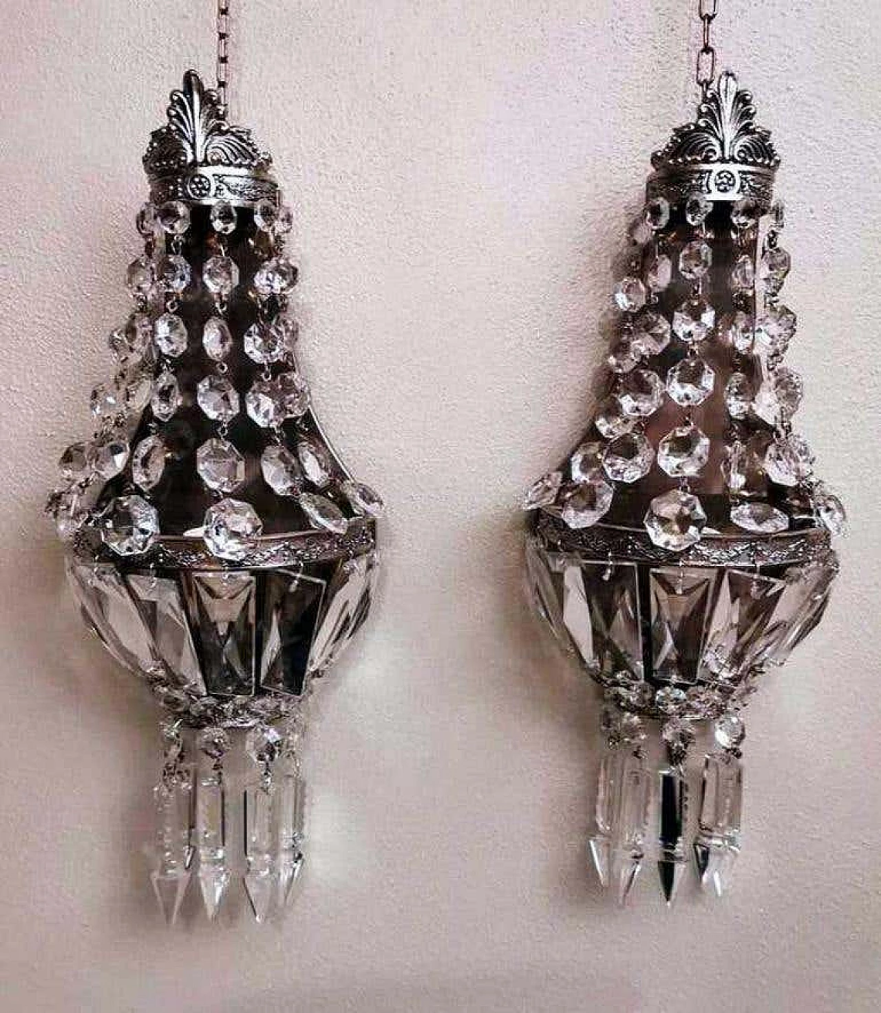 Pair of Louis XVI style balloon wall sconces in silvered brass and crystal, 10s 1271747