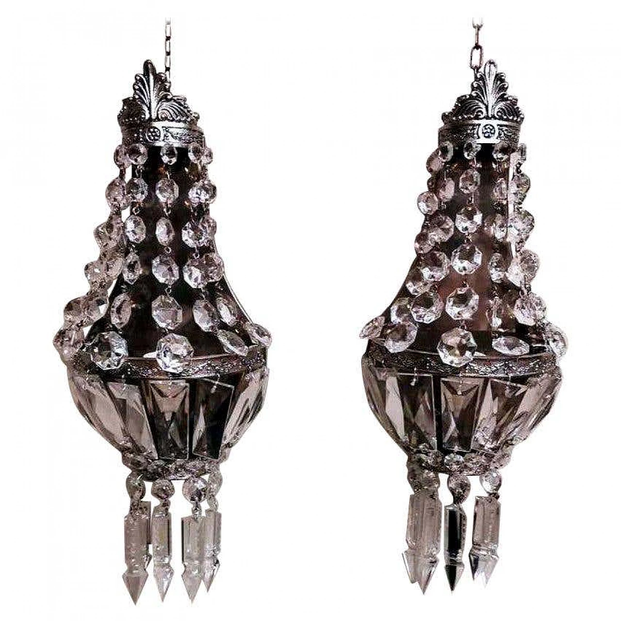 Pair of Louis XVI style balloon wall sconces in silvered brass and crystal, 10s 1271757