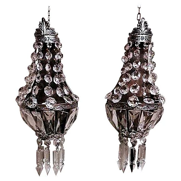 Pair of Louis XVI style balloon wall sconces in silvered brass and crystal, 10s