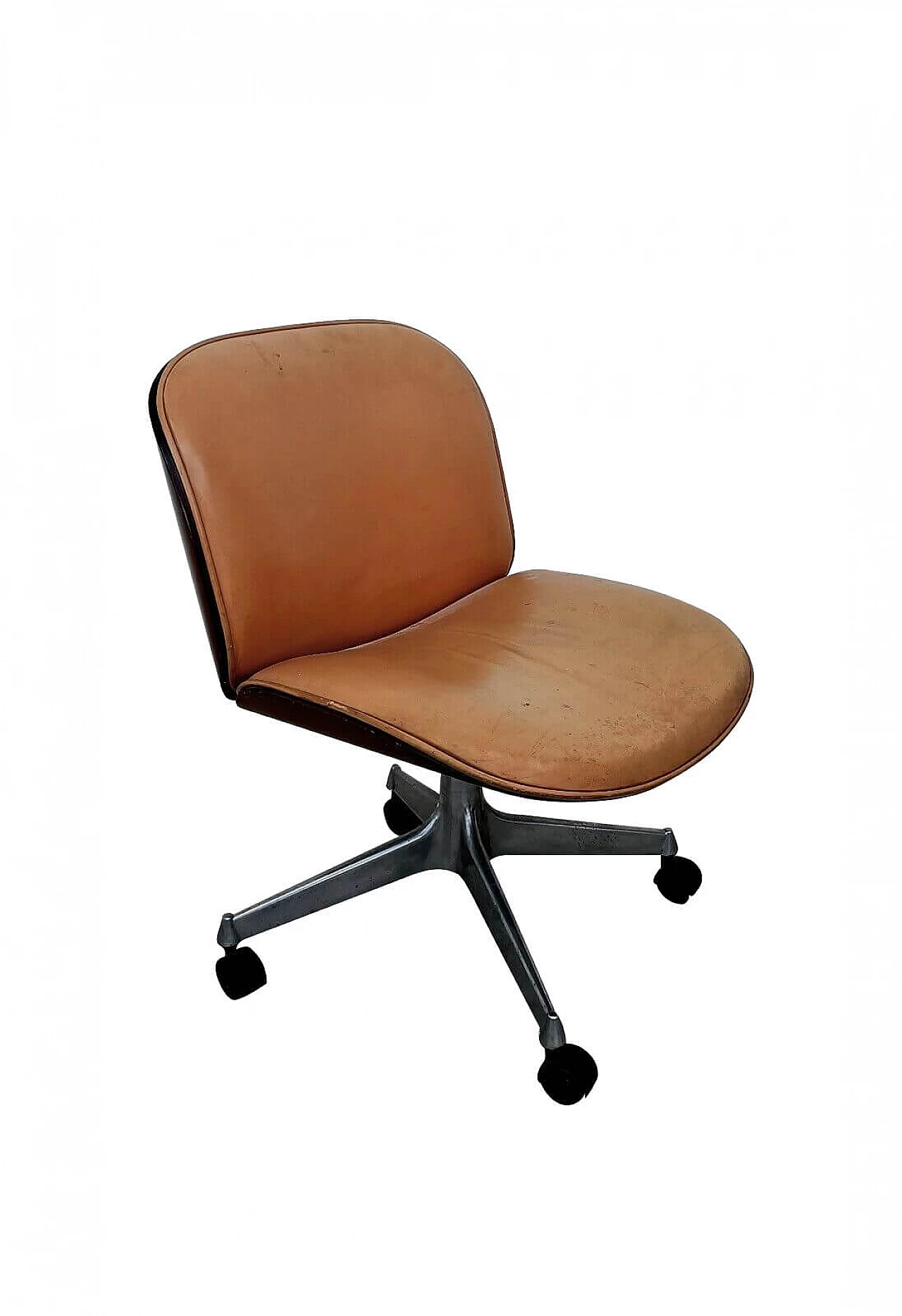 Sedia da ufficio girevole in palissandro e pelle di Ico Parisi per Mim, anni '70 1271773