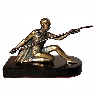 Statuetta Art Deco raffigurante una giovane ginnasta in bronzo e legno, anni '20