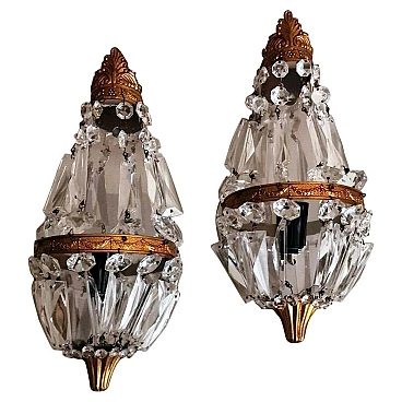 Pair of Louis XVI style balloon wall sconces in brass and crystal, 10s