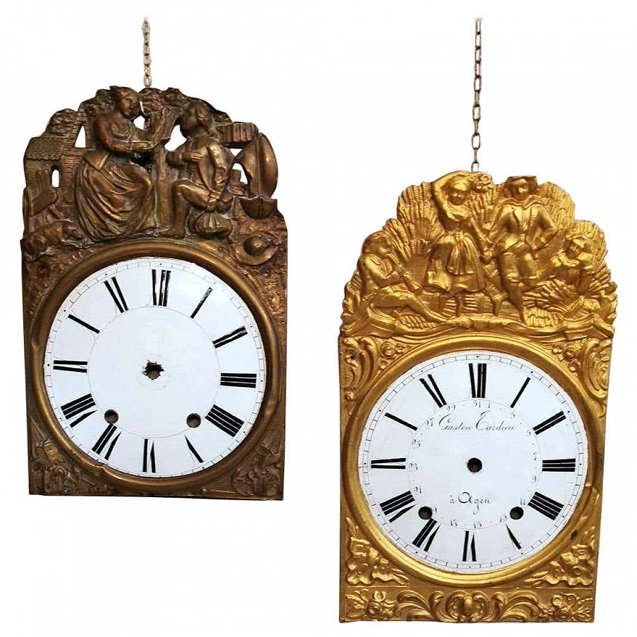 Pair of Louis XVI style pediments of a pendulum clock in enameled and gilded brass, 19th century 1271964