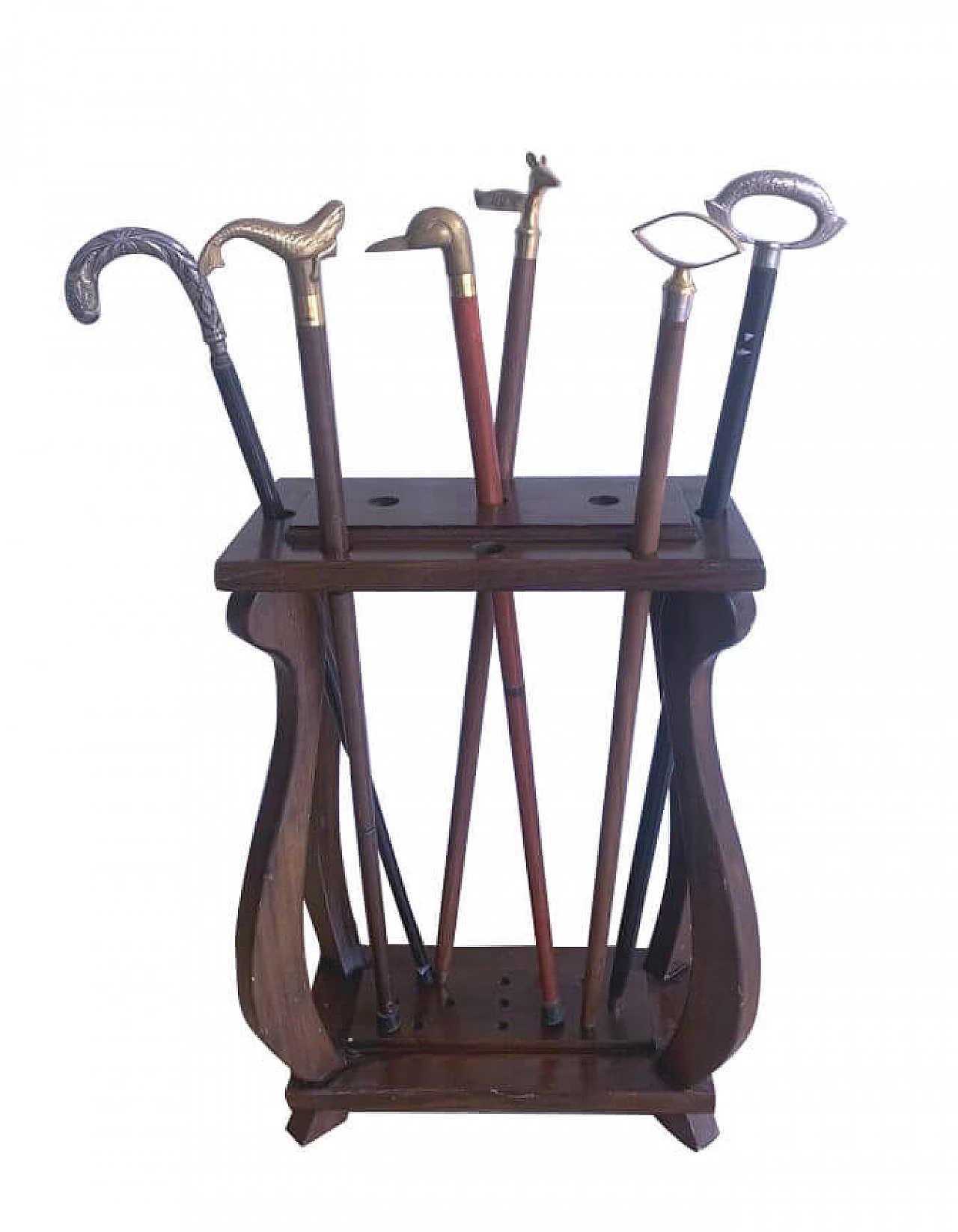 6 Bastoni da passeggio con portabastoni in legno e metallo, anni '50 1273656