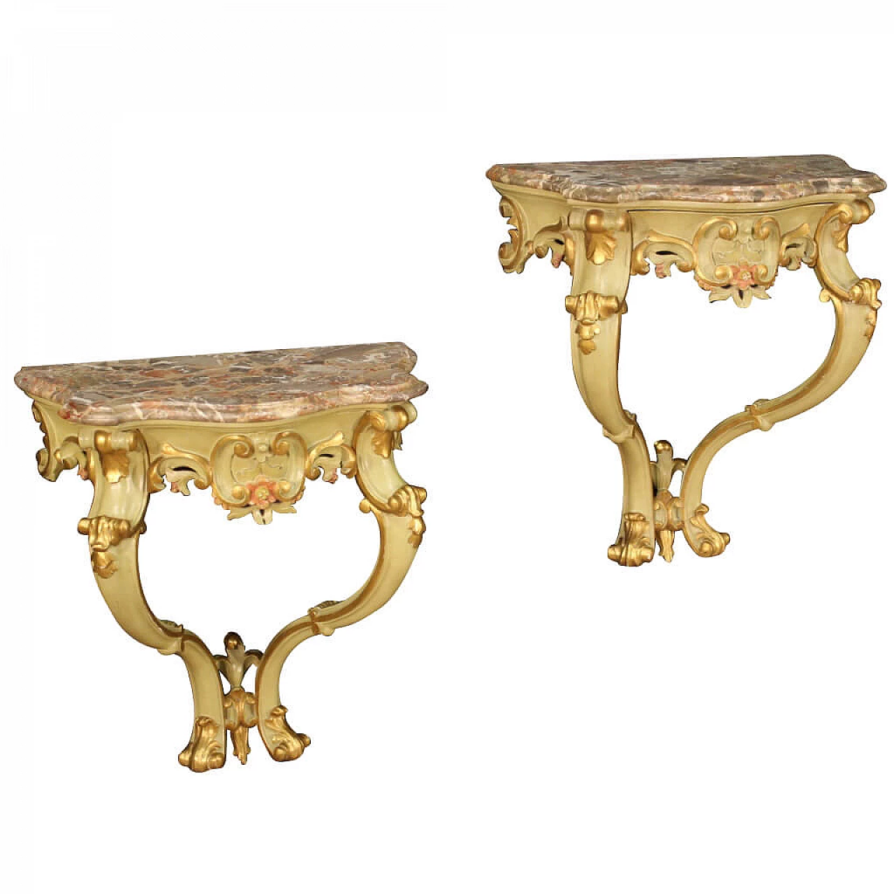 Coppia di console laccate, dorate e dipinte con piano in marmo 1274319