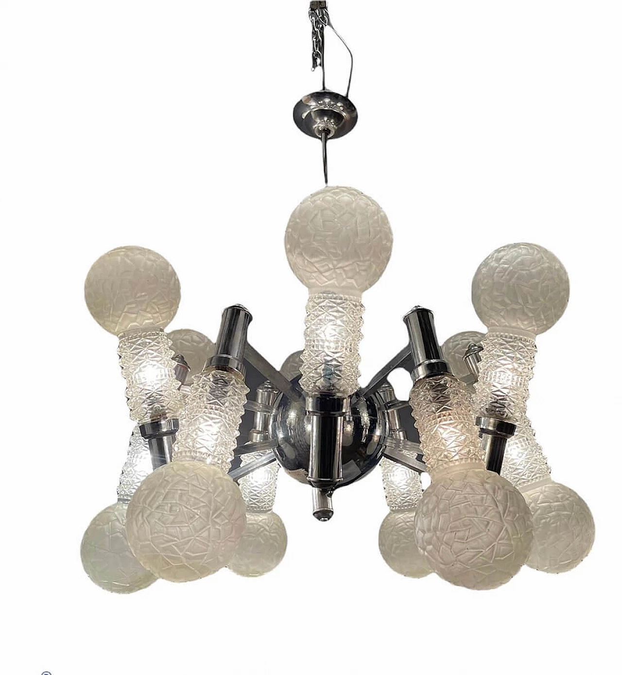 Lampadario Sputnik in vetro con struttura cromata, anni '70 1274487