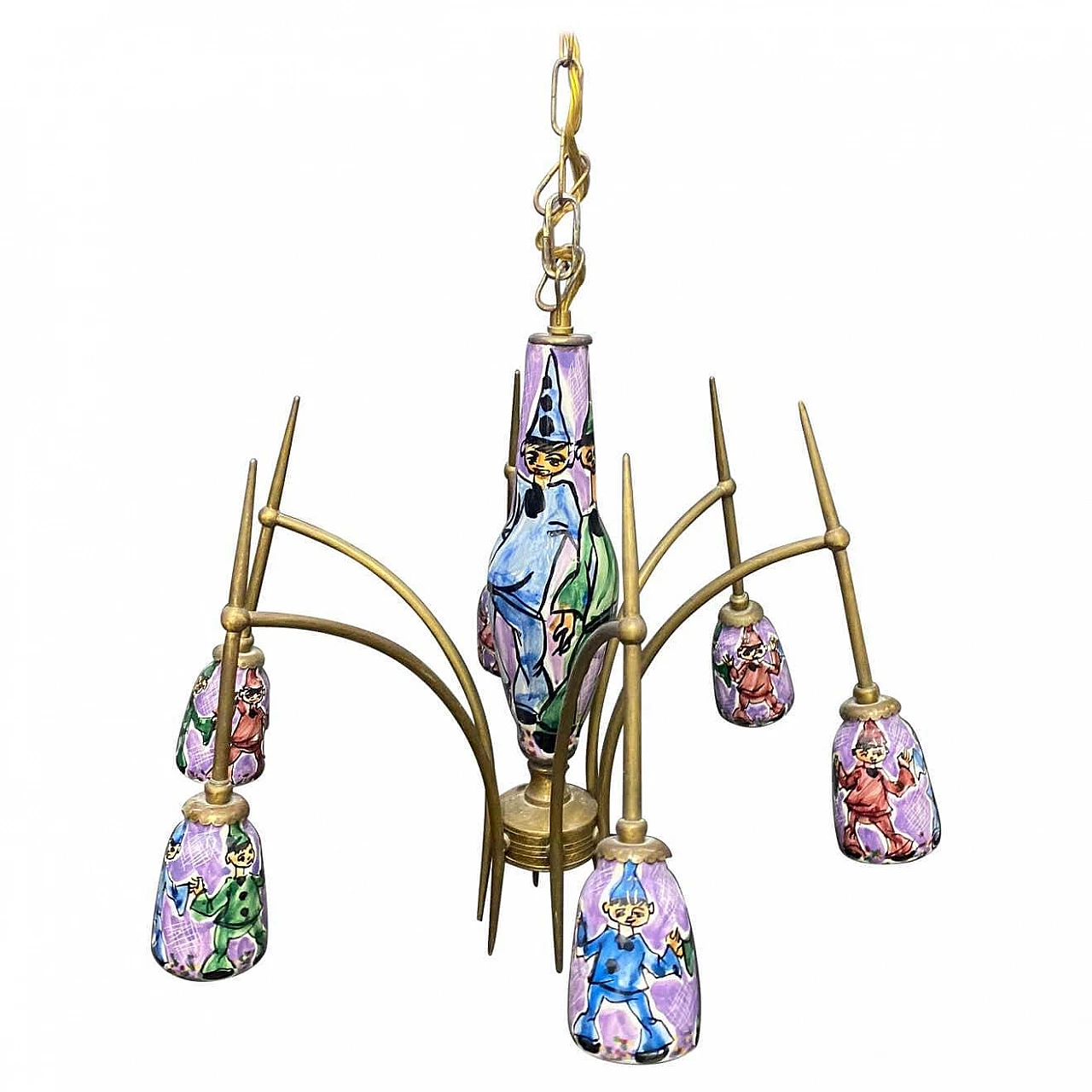 Chandelier in brass and hand-painted ceramic, 60s 1274585