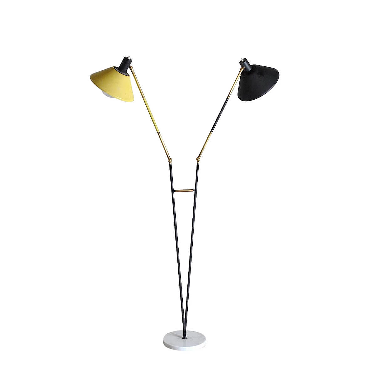 Floor lamp with two adjustable arms in aluminum and brass with circular base in marble by Stilux, 50s 1274628