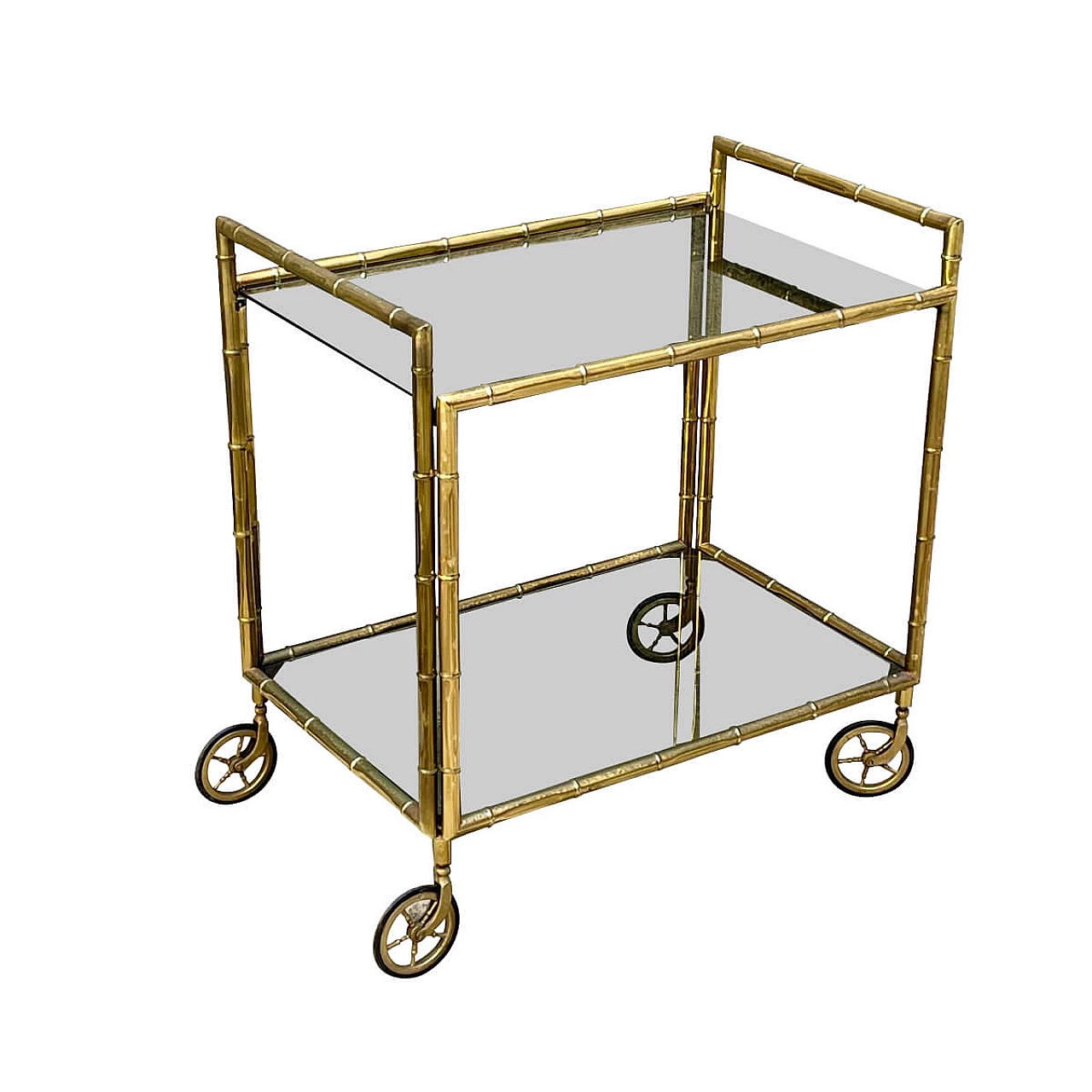 Faux bamboo bar cart in brass with removable glass tray, 60s 1274639