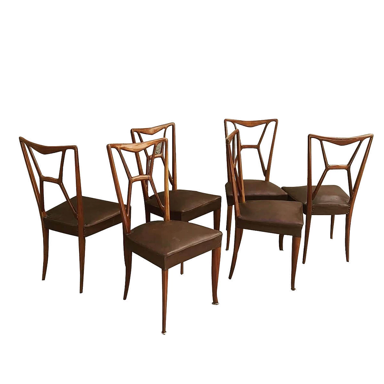 6 Chairs in the style of Paolo Buffa in walnut, skai and brass, 50s 1274641