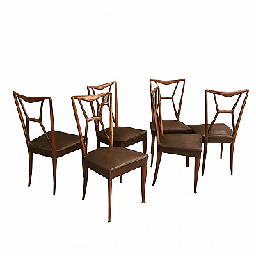 6 Chairs in the style of Paolo Buffa in walnut, skai and brass, 50s