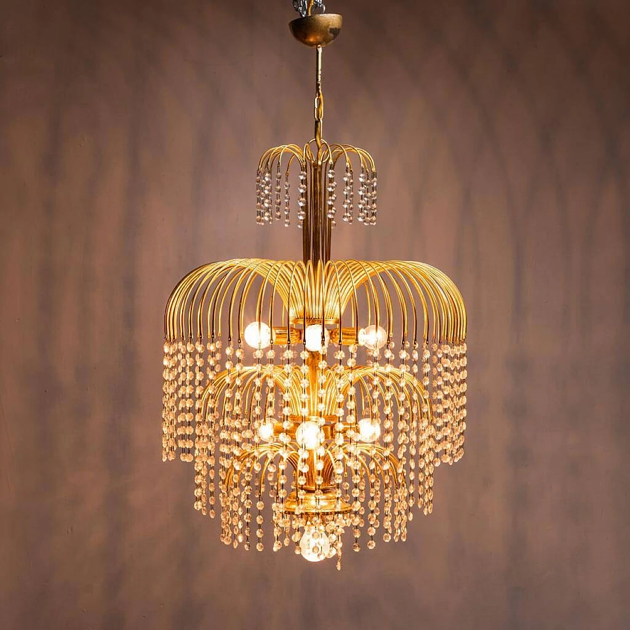 10 Light gilded metal chandelier, 70s 1275436