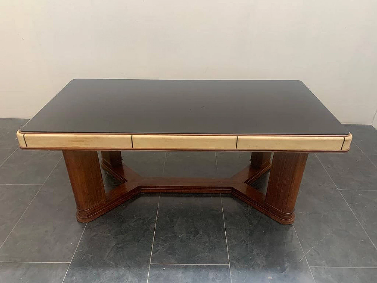 Art Deco table in rosewood and parchment with black glass top, 1930s 1275483