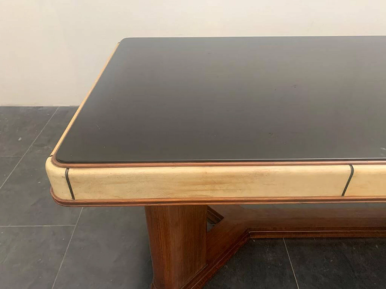 Art Deco table in rosewood and parchment with black glass top, 1930s 1275486