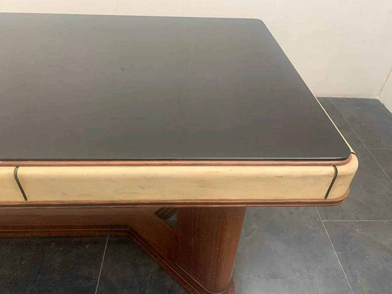 Art Deco table in rosewood and parchment with black glass top, 1930s 1275487