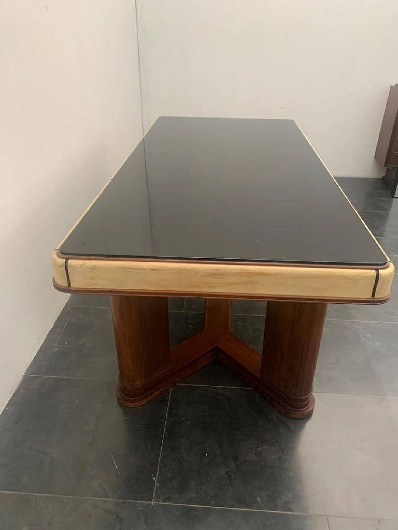 Art Deco table in rosewood and parchment with black glass top, 1930s 1275488
