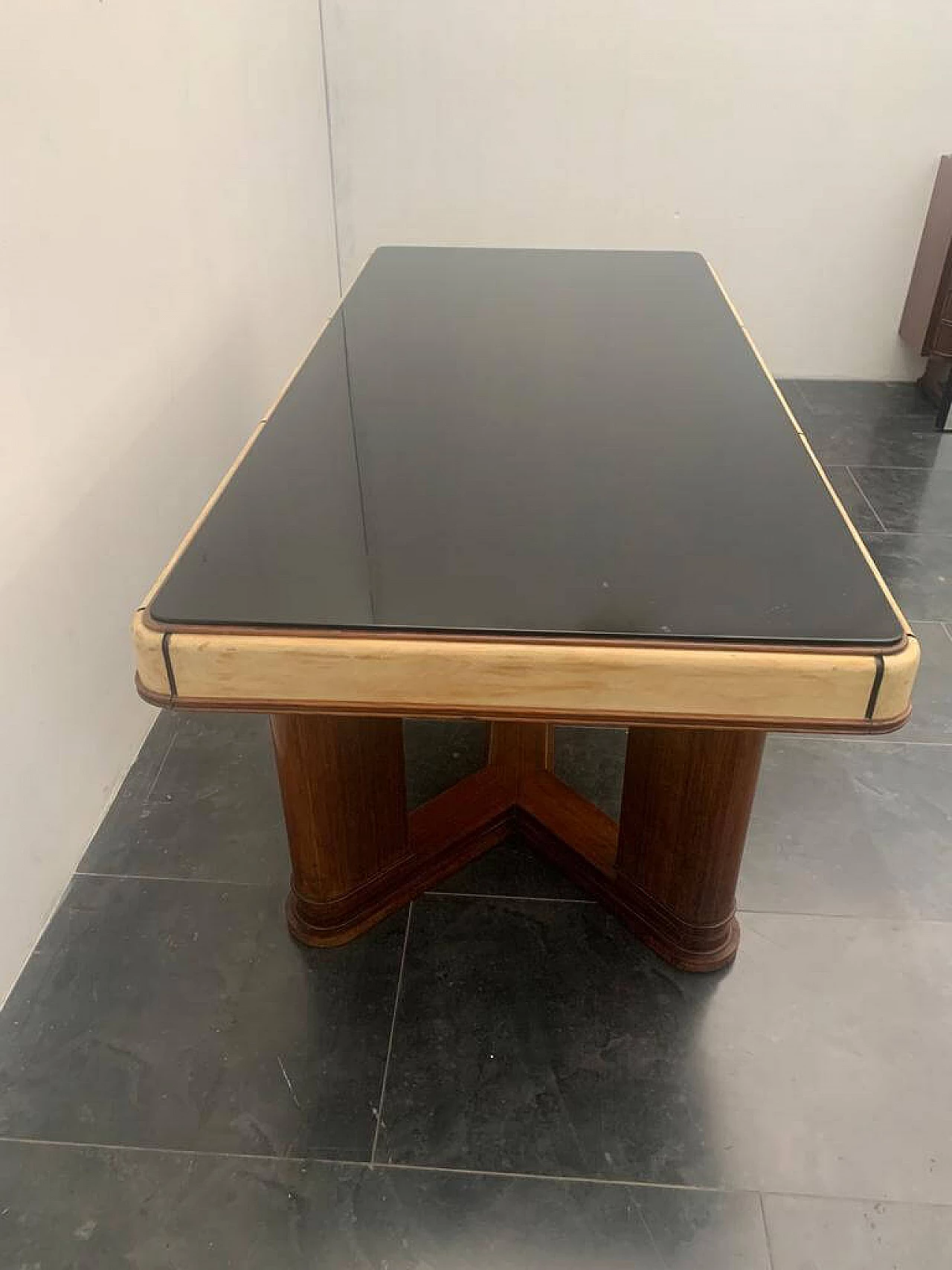 Art Deco table in rosewood and parchment with black glass top, 1930s 1275489