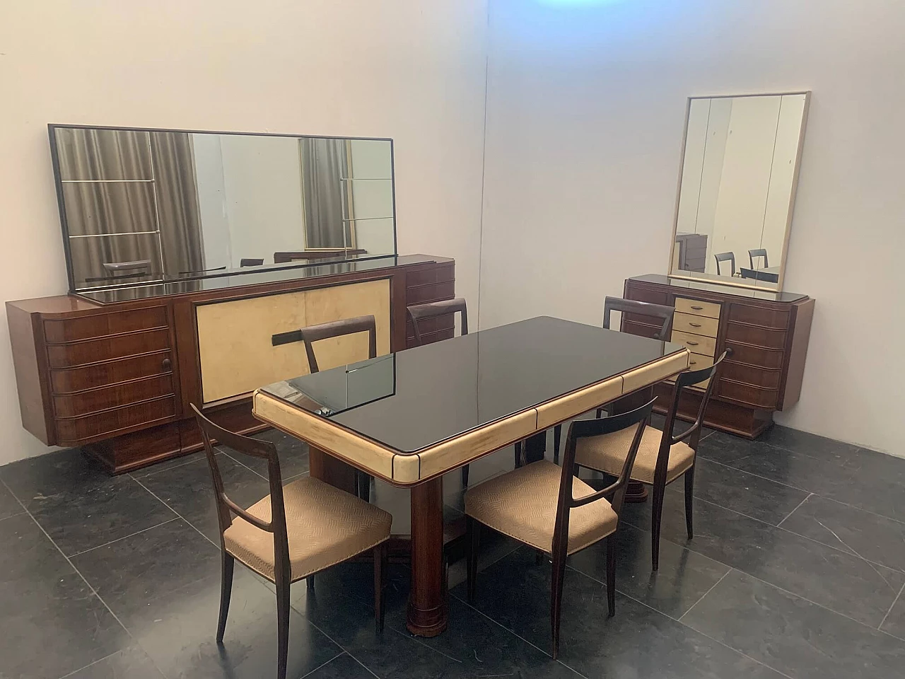 Art Deco table in rosewood and parchment with black glass top, 1930s 1275492