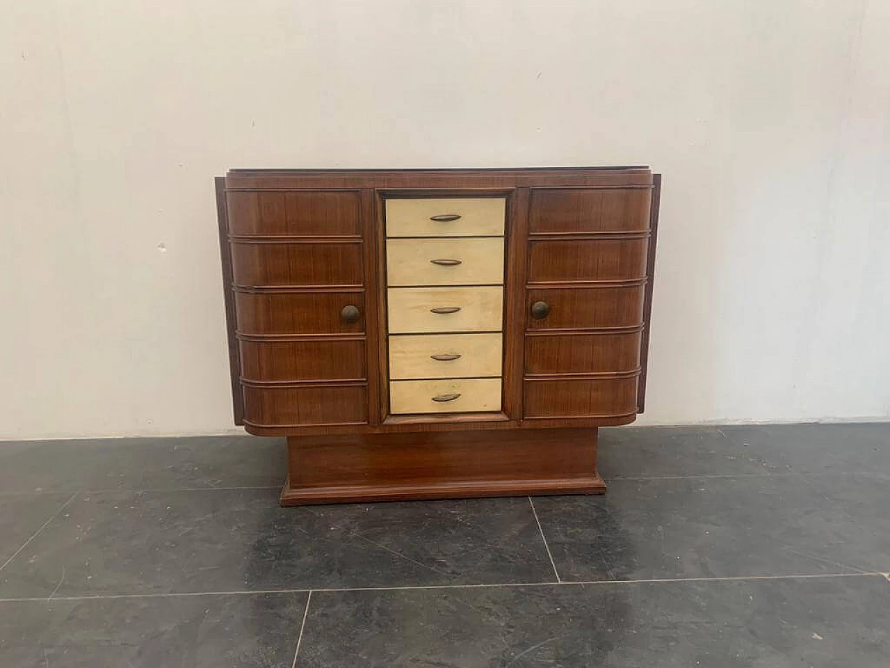 Art Deco bar cabinet in rosewood and parchment with black glass top, 1930s 1275520
