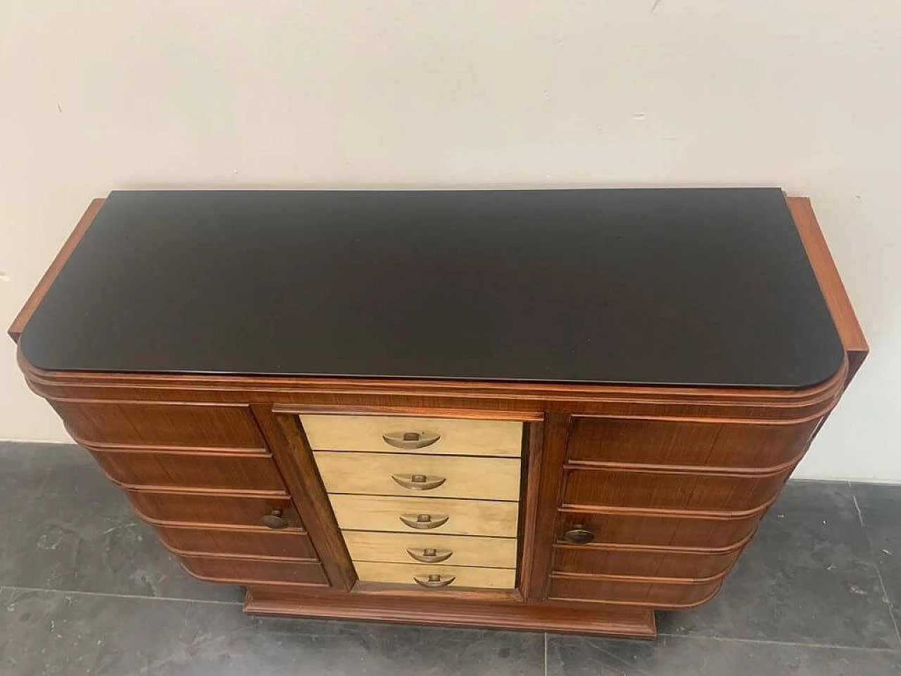 Art Deco bar cabinet in rosewood and parchment with black glass top, 1930s 1275530