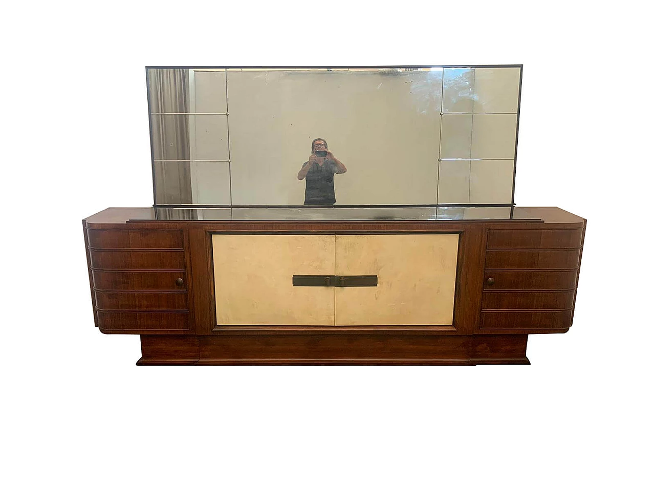 Credenza con specchio Art Deco in palissandro e pergamena con piano in vetro nero, anni '30 1275583