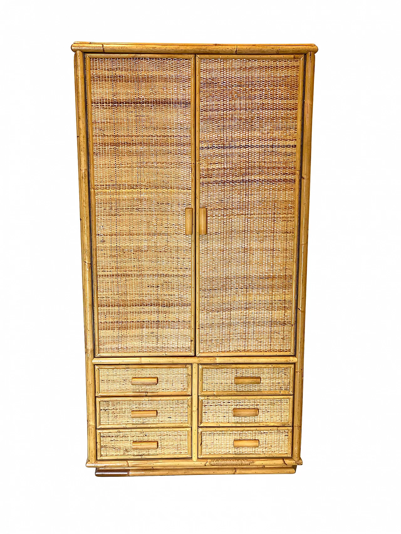 Armadio con cassetti in vimini e bambù, anni '70 1276251