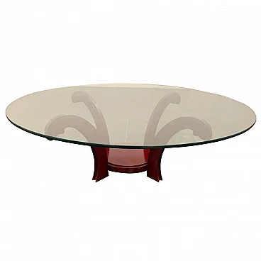 Mahogany circular coffee table with crystal, 70s