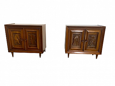 Pair of bedside tables in futurist style with carved panels, 40s