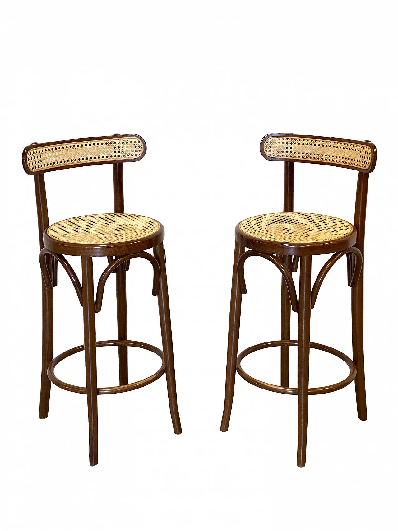Coppia di sgabelli da bar in paglia di Vienna, anni '80 1276318
