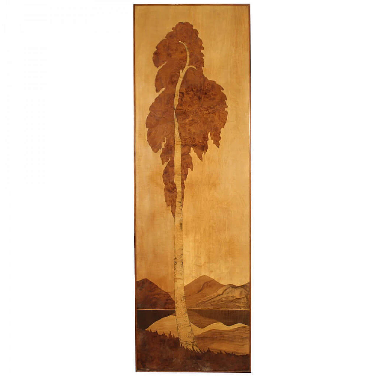 Pannello decorativo in legno raffigurante paesaggio con albero, anni '60 1276563