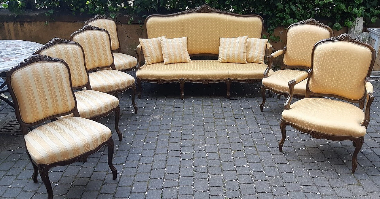 Venetian living room composed by sofa, pair of armchairs and 4 chairs in lacquered wood and fabric, 19th century 1276697