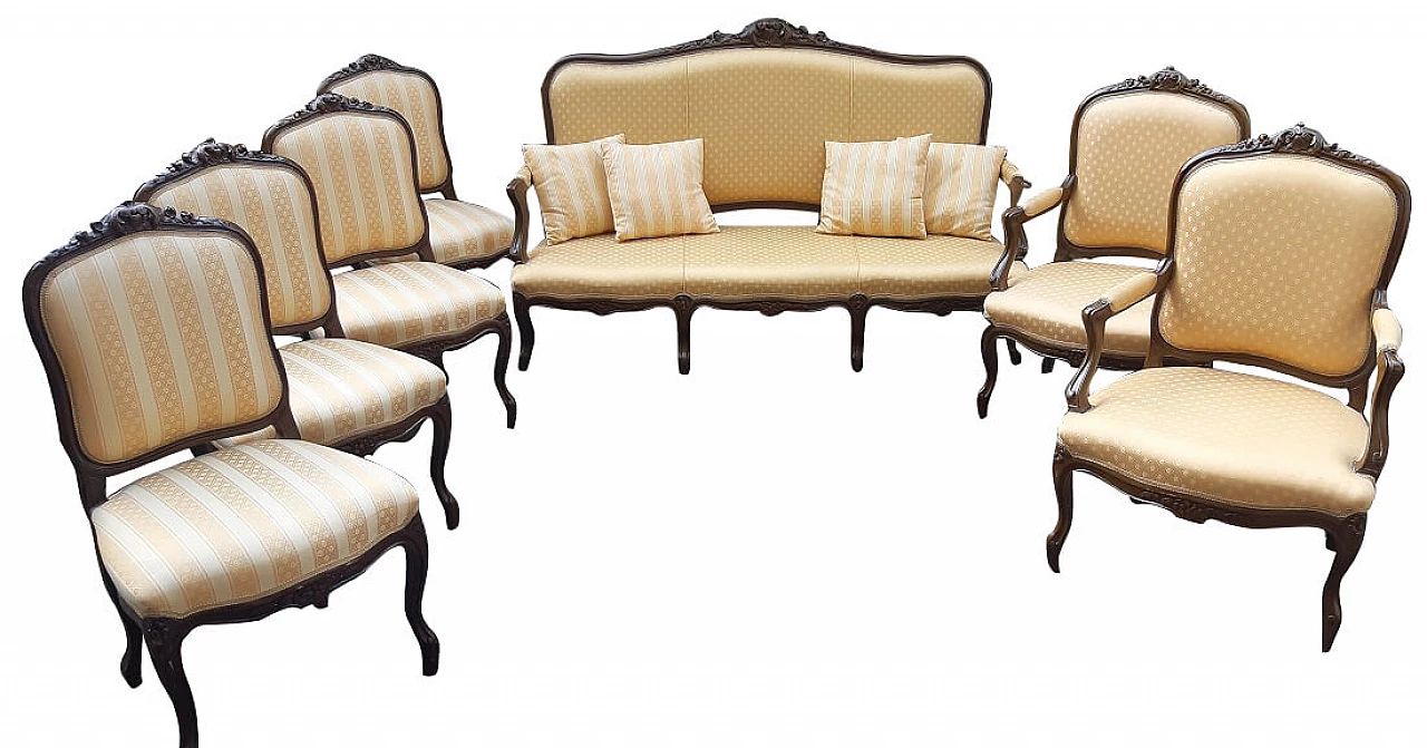 Salotto veneziano composto da divano, coppia di poltrone e 4 sedie in legno laccato e tessuto, '800 1276797