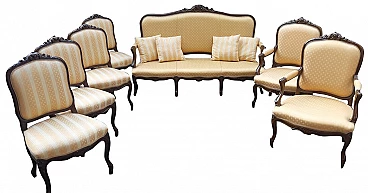 Venetian living room composed by sofa, pair of armchairs and 4 chairs in lacquered wood and fabric, 19th century