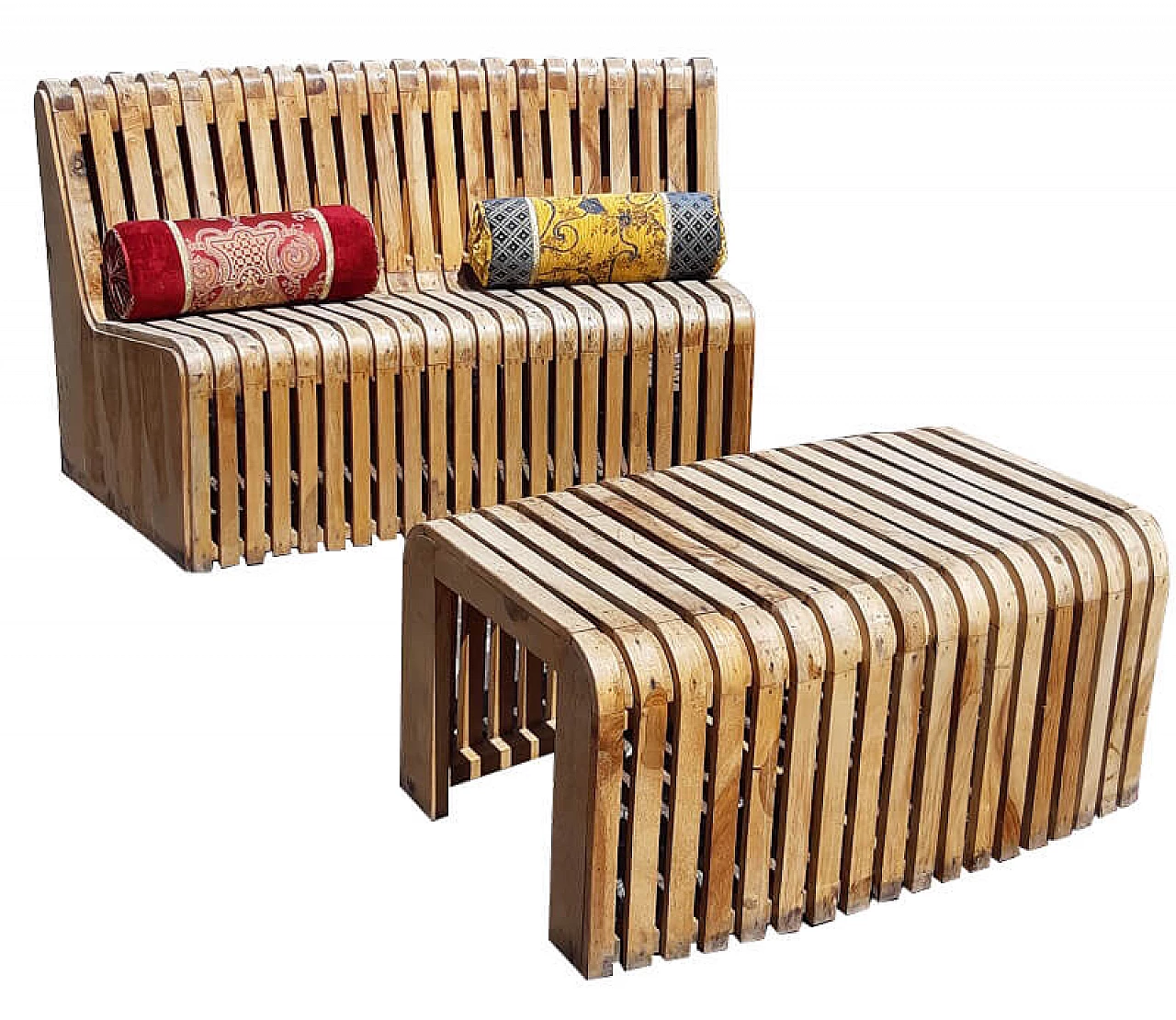 Divano e tavolino della metropolitana inglese in legno curvato, anni '20 1276841