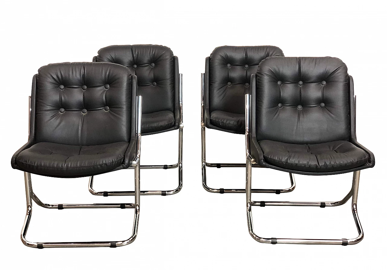 4 Sedie in pelle con struttura in acciaio tubolare, anni '70 1277000