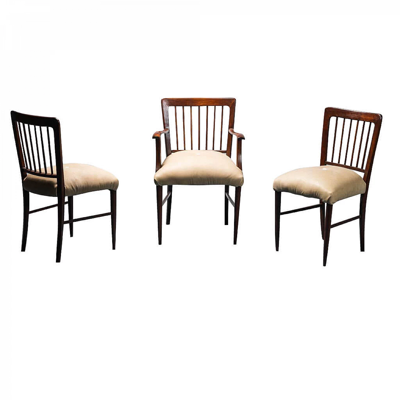 3 Sedie in pelle e velluto con struttura in legno, anni '50 1277431