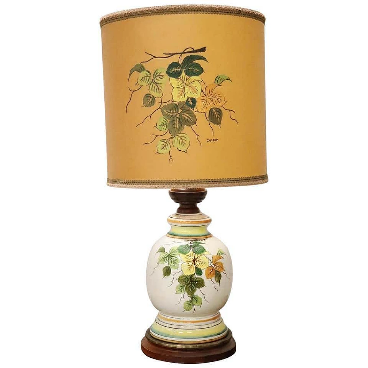 Ceramic lamp with floral motifs and wooden base, 80s 1277498