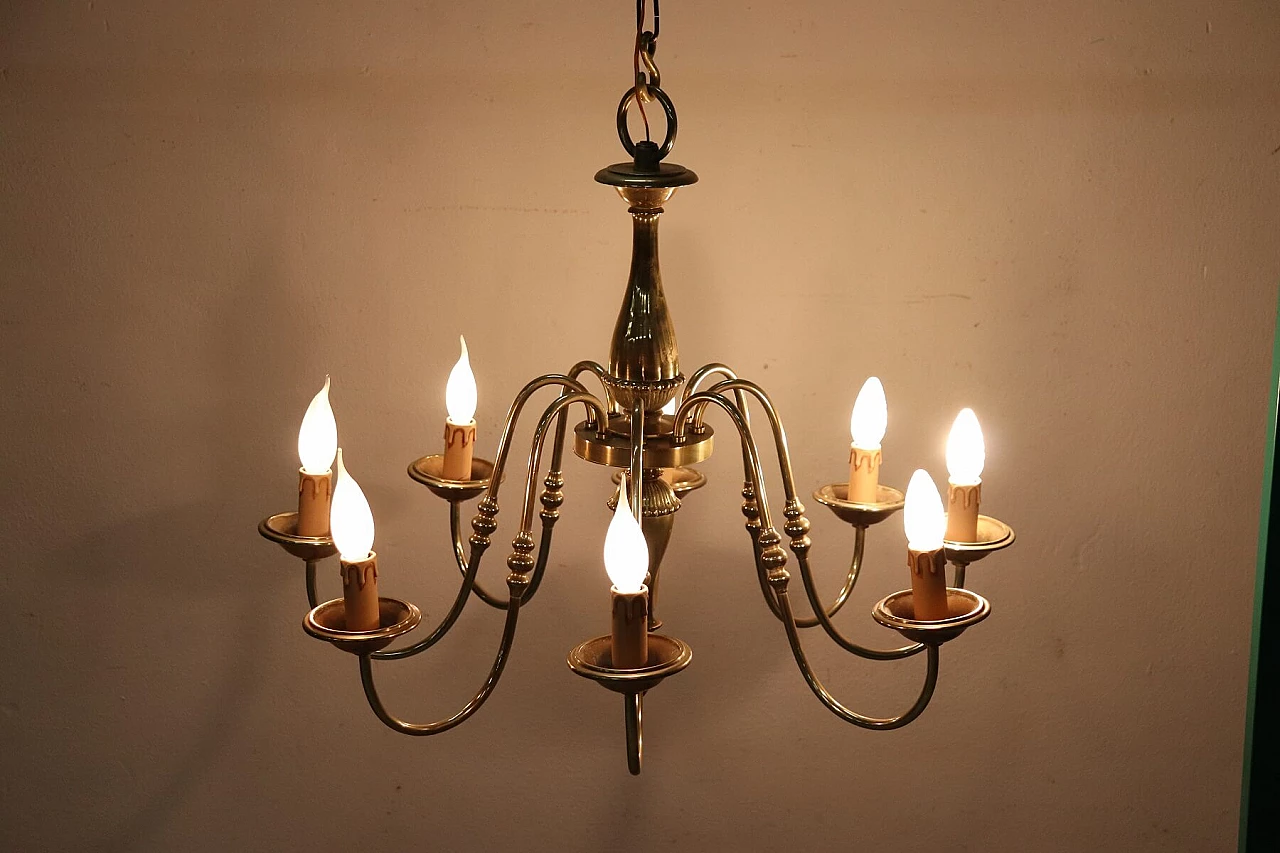 Raffinato lampadario in ottone dorato a otto luci, anni '30 1277577