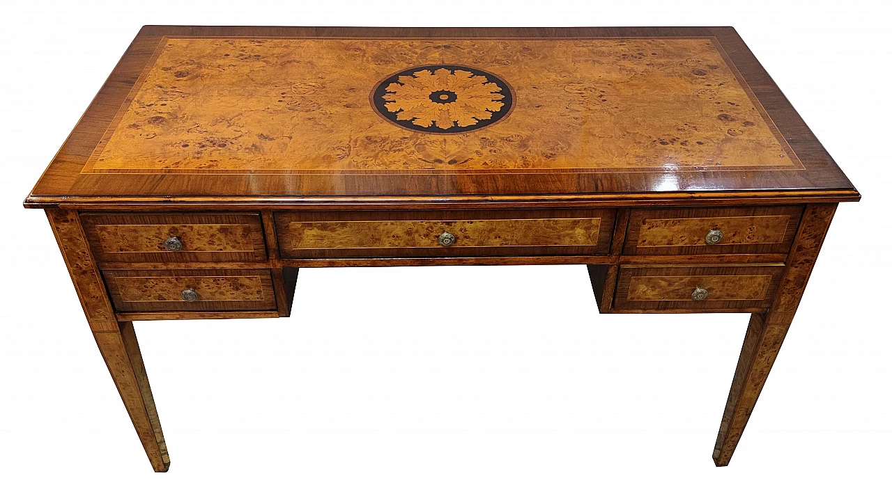 Scrivania Lombarda in radica di betulla, noce e acero, anni '30 1277602