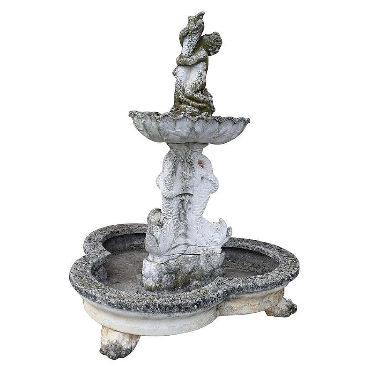 Grande fontana da giardino in graniglia con putto e vasca, inizio '900 1277717